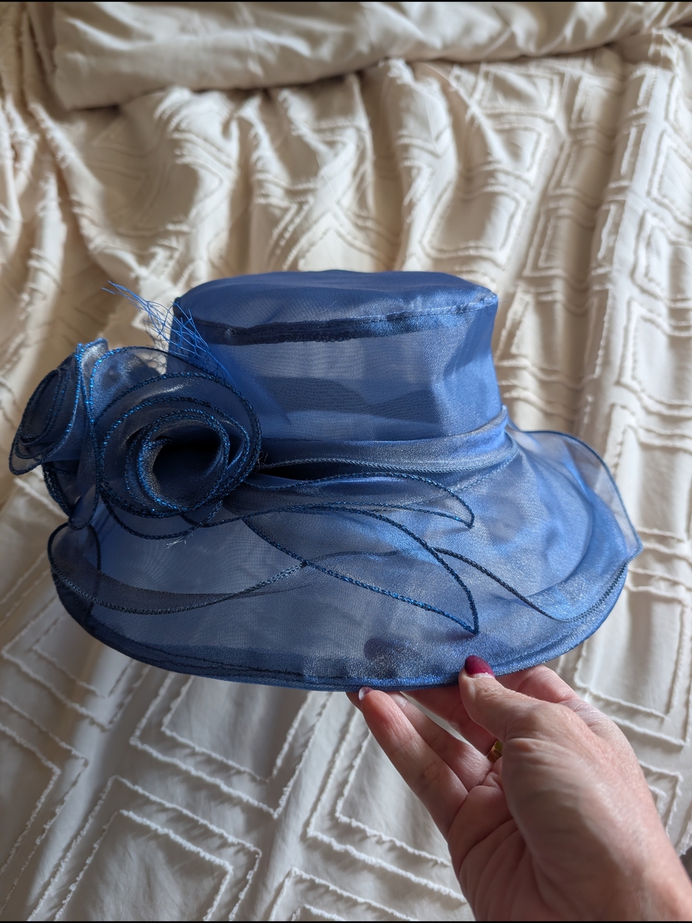 Elegant Navy Blue Organza Wide-Brim Women's Hat